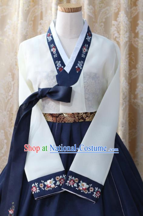 Korean Traditional Bride Garment Hanbok Embroidered White Blouse and Navy Dress Outfits Asian Korea Fashion Costume for Women