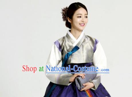 Korean Traditional Bride Garment Hanbok Grey Satin Blouse and Purple Dress Outfits Asian Korea Fashion Costume for Women