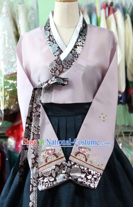 Korean Traditional Bride Garment Hanbok Embroidered Lilac Blouse and Navy Dress Outfits Asian Korea Fashion Costume for Women