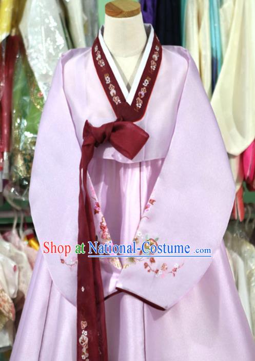 Korean Traditional Bride Garment Hanbok Embroidered Lilac Blouse and Pink Dress Outfits Asian Korea Fashion Costume for Women