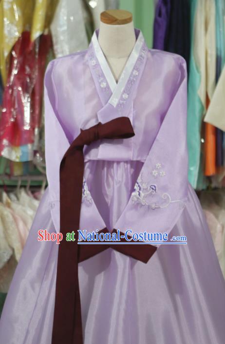 Korean Traditional Bride Garment Hanbok Embroidered Light Purple Blouse and Dress Outfits Asian Korea Fashion Costume for Women