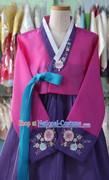 Korean Traditional Garment Bride Mother Hanbok Embroidered Rosy Blouse and Purple Dress Outfits Asian Korea Fashion Costume for Women