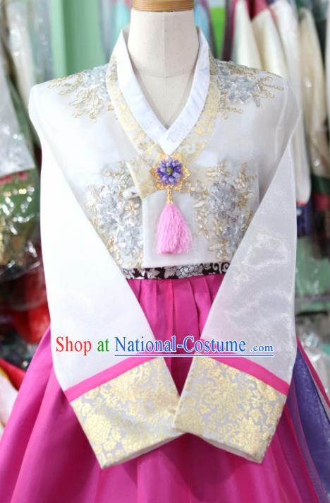 Korean Traditional Garment Bride Mother Hanbok Embroidered White Blouse and Rosy Dress Outfits Asian Korea Fashion Costume for Women