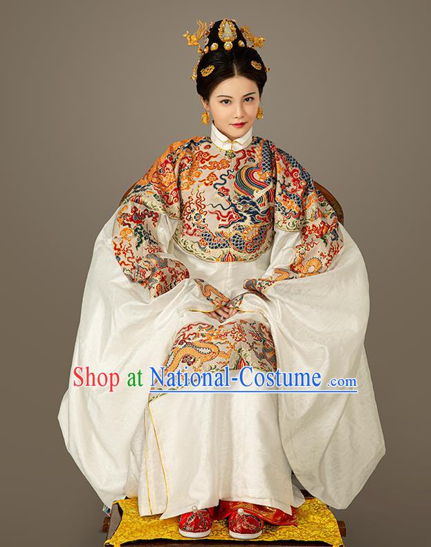 Chinese Traditional Ming Dynasty Queen White Embroidered Dress Ancient Imperial Empress Costumes for Women