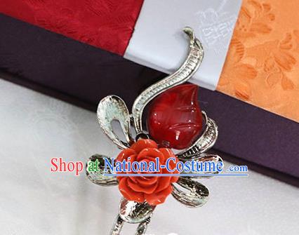 Korean Traditional Wedding Bride Rose Red Gem Hairpins Asian Korea Hanbok Hair Accessories for Women