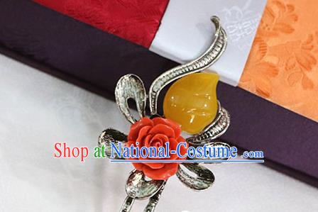 Korean Traditional Wedding Bride Rose Yellow Gem Hairpins Asian Korea Hanbok Hair Accessories for Women