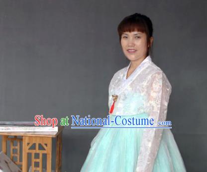 Korean Traditional Garment Bride Mother Hanbok White Blouse and Blue Dress Asian Korea Fashion Costume for Women