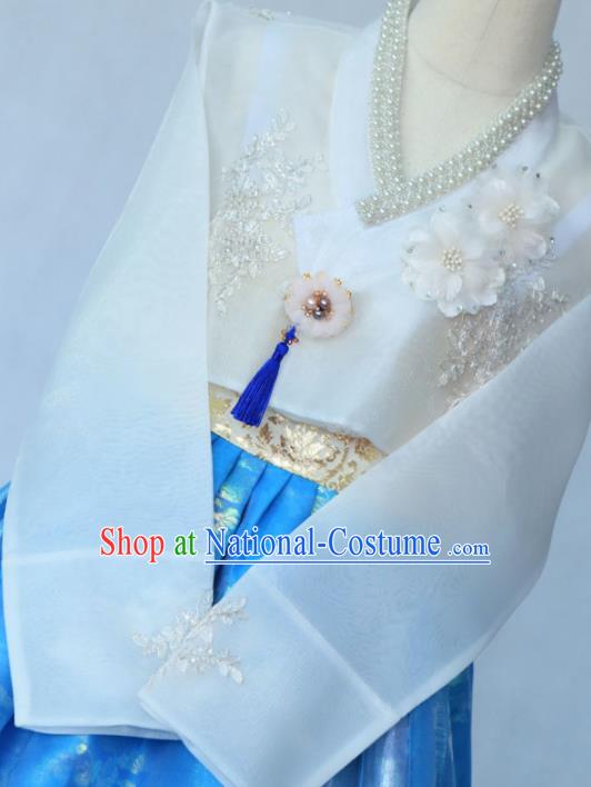 Korean Traditional Garment Bride Hanbok Embroidered White Blouse and Blue Dress Asian Korea Fashion Costume for Women