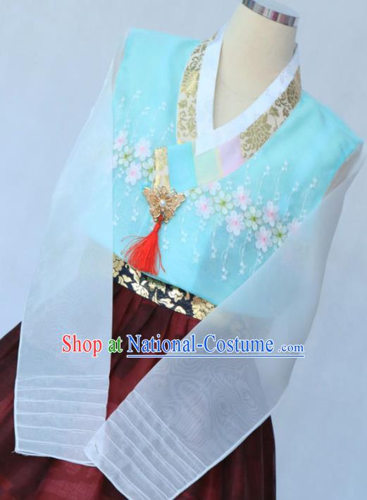 Korean Traditional Garment Blue Blouse and Purplish Red Dress Bride Hanbok Asian Korea Fashion Costume for Women