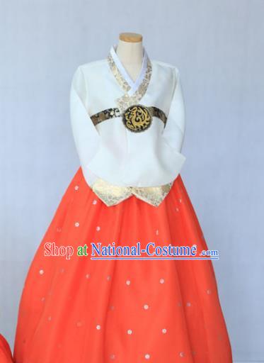 Korean Traditional Garment White Blouse and Orange Dress Bride Hanbok Asian Korea Fashion Costume for Women