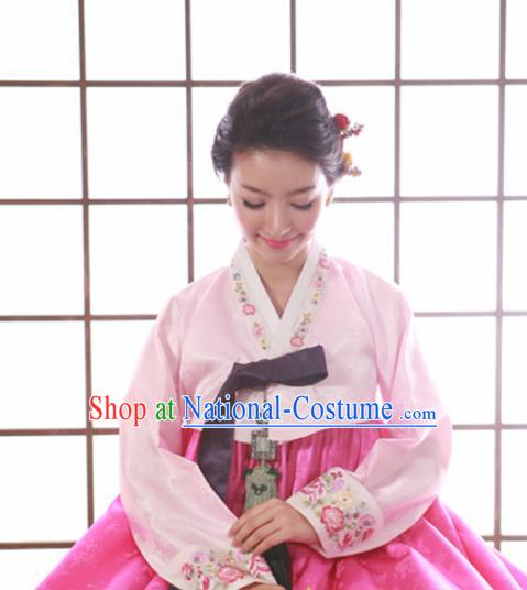 Korean Traditional Mother Hanbok Garment Light Pink Satin Blouse and Dress Asian Korea Fashion Costume for Women