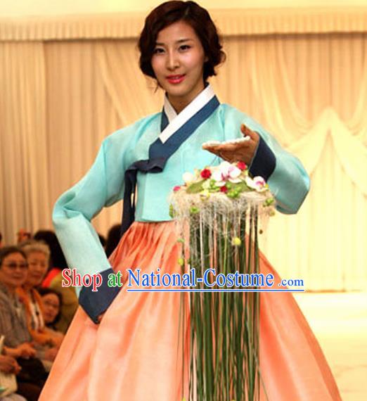 Korean Traditional Court Mother Hanbok Garment Blue Blouse and Orange Dress Asian Korea Fashion Costume for Women