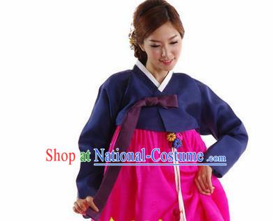 Korean Traditional Bride Mother Hanbok Garment Navy Blouse and Rosy Dress Asian Korea Fashion Costume for Women