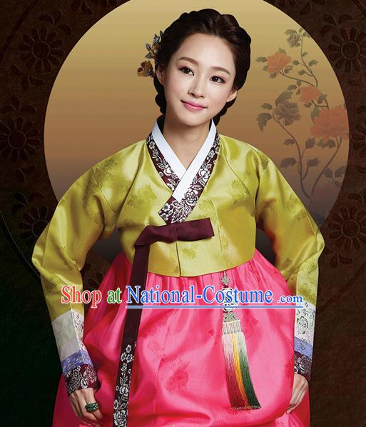 Korean Traditional Bride Mother Hanbok Garment Ginger Satin Blouse and Pink Dress Asian Korea Fashion Costume for Women