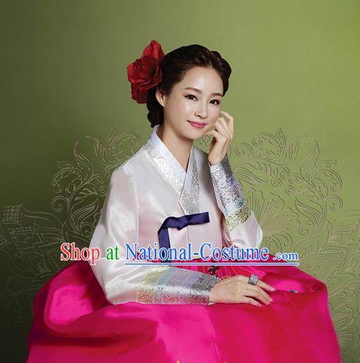 Korean Traditional Bride Mother Hanbok Garment White Satin Blouse and Rosy Dress Asian Korea Fashion Costume for Women