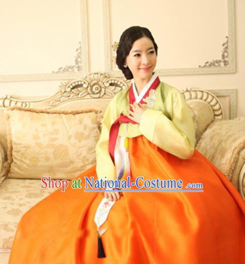 Korean Traditional Bride Mother Hanbok Garment Green Satin Blouse and Orange Dress Asian Korea Fashion Costume for Women