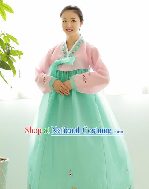 Korean Traditional Court Hanbok Garment Pink Blouse and Light Green Dress Asian Korea Fashion Costume for Women