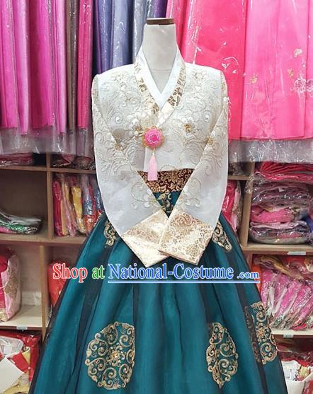 Korean Traditional Bride Hanbok White Blouse and Peacock Green Dress Garment Asian Korea Fashion Costume for Women