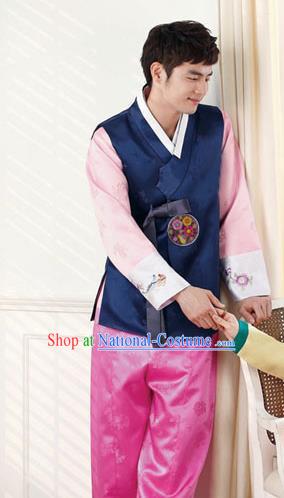 Korean Traditional Navy Vest and Pants Hanbok Asian Korea Bridegroom Fashion Costume for Men