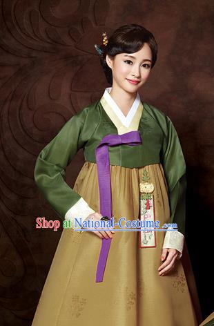 Korean Traditional Bride Mother Hanbok Green Blouse and Ginger Dress Garment Asian Korea Fashion Costume for Women