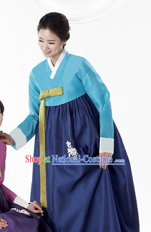 Korean Traditional Bride Mother Hanbok Blue Blouse and Navy Dress Garment Asian Korea Fashion Costume for Women