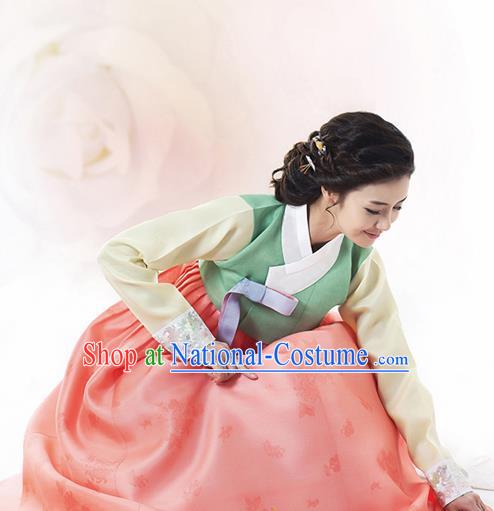 Korean Traditional Bride Mother Hanbok Light Green Blouse and Orange Dress Garment Asian Korea Fashion Costume for Women