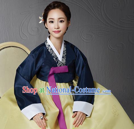 Korean Traditional Bride Hanbok Navy Blouse and Yellow Dress Garment Asian Korea Fashion Costume for Women