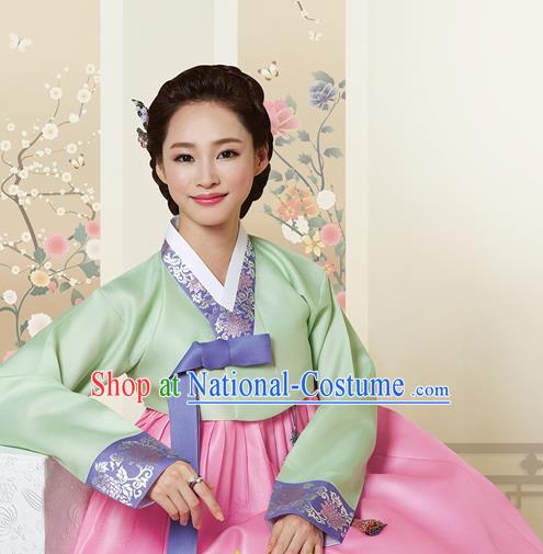 Korean Traditional Bride Court Hanbok Light Green Blouse and Pink Dress Garment Asian Korea Fashion Costume for Women