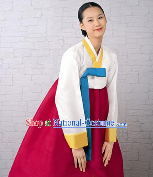 Korean Traditional Bride Court Hanbok White Satin Blouse and Wine Red Dress Garment Asian Korea Fashion Costume for Women