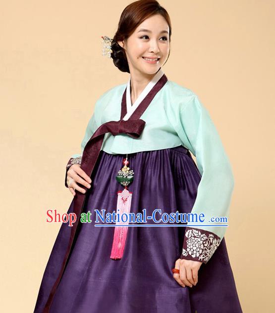 Korean Traditional Bride Court Hanbok Light Blue Satin Blouse and Purple Dress Garment Asian Korea Fashion Costume for Women