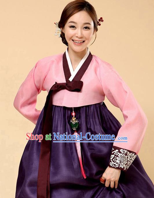 Korean Traditional Bride Court Hanbok Pink Satin Blouse and Purple Dress Garment Asian Korea Fashion Costume for Women