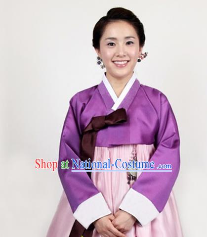 Korean Traditional Bride Mother Hanbok Purple Satin Blouse and Pink Dress Garment Asian Korea Fashion Costume for Women