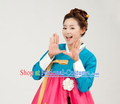 Korean Traditional Bride Mother Hanbok Blue Satin Blouse and Pink Dress Garment Asian Korea Fashion Costume for Women