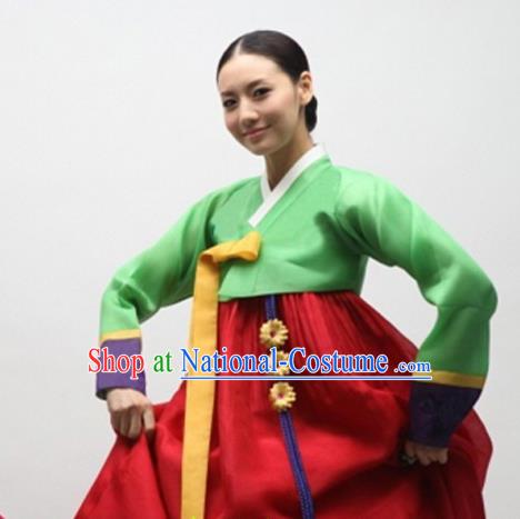 Korean Traditional Bride Mother Hanbok Green Satin Blouse and Red Dress Garment Asian Korea Fashion Costume for Women