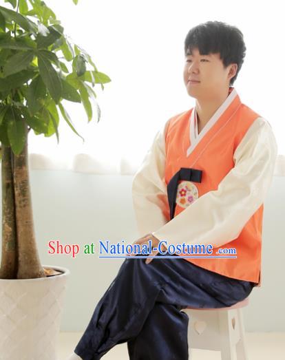 Korean Traditional Wedding Orange Vest and Navy Pants Hanbok Asian Korea Bridegroom Fashion Costume for Men