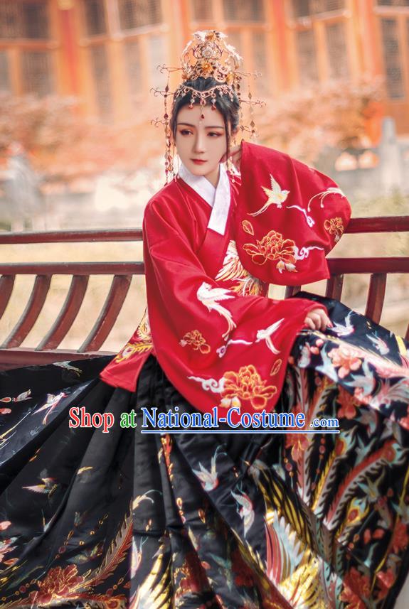 Chinese Traditional Ming Dynasty Princess Red Brocade Blouse and Skirt Ancient Palace Lady Costumes for Women