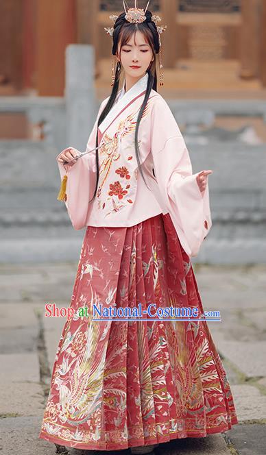 Chinese Traditional Royal Pink Brocade Blouse and Red Skirt Ancient Ming Dynasty Nobility Lady Costumes for Women