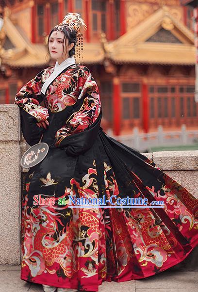 Chinese Traditional Hanfu Black Brocade Blouse and Skirt Ancient Ming Dynasty Imperial Consort Costumes for Women