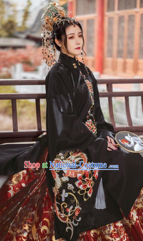 Chinese Traditional Court Black Brocade Long Blouse and Skirt Ancient Ming Dynasty Imperial Consort Costumes for Women