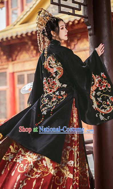 Chinese Traditional Court Black Brocade Long Blouse and Skirt Ancient Ming Dynasty Imperial Consort Costumes for Women