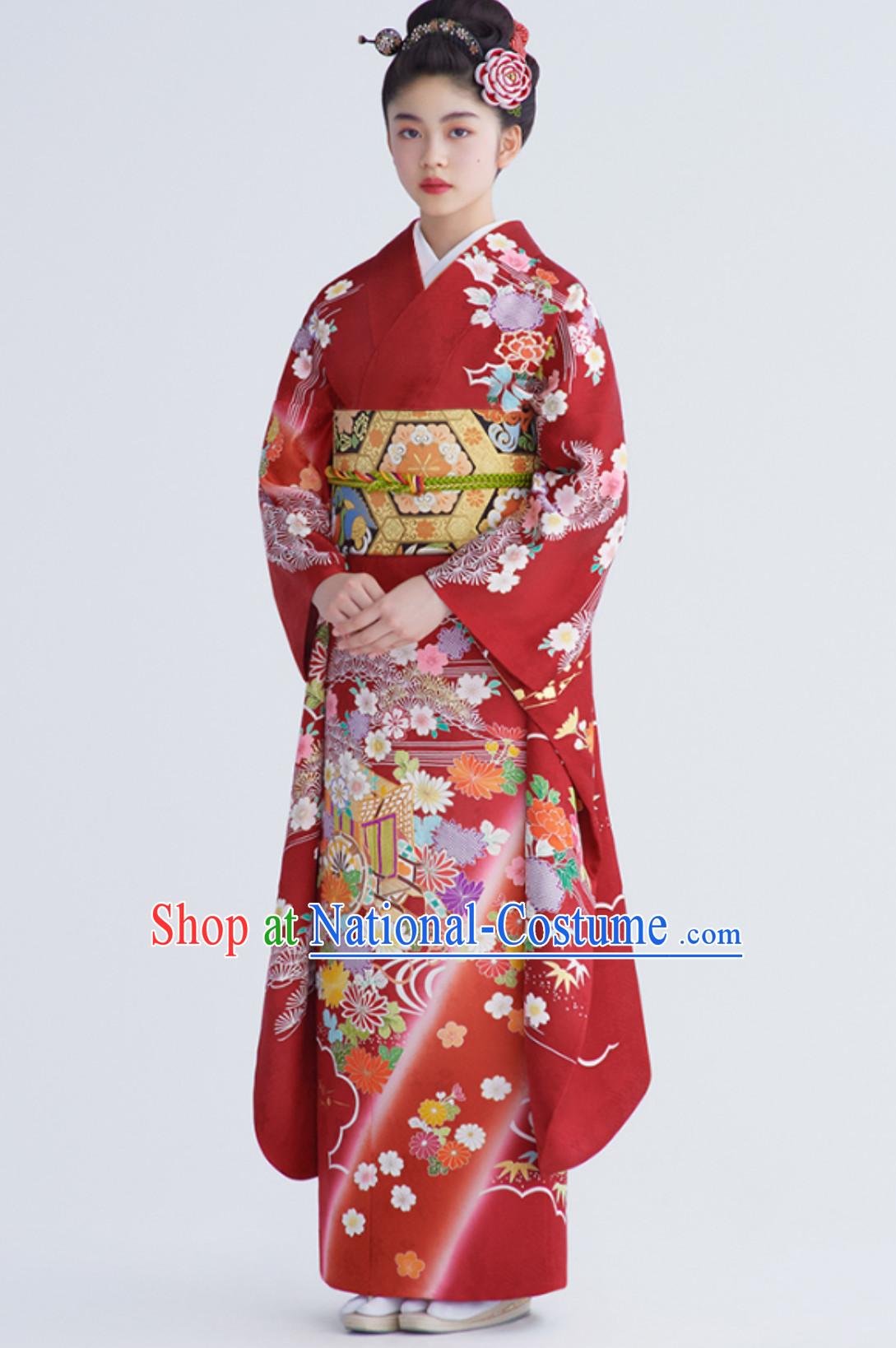 Traditional Asian Japan Clothing Japanese Fashion Apparel Printing Furisode Kimono Costume Complete Set for Women