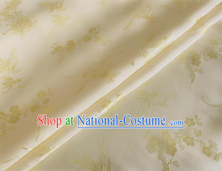 Asian Chinese Classical Plum Orchid Bamboo Chrysanthemum Pattern Design Light Yellow Jacquard Fabric Traditional Cheongsam Silk Material