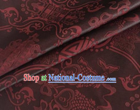 Asian Chinese Classical Double Fish Pattern Design Brown Silk Fabric Traditional Cheongsam Material