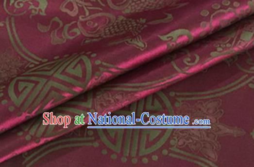 Asian Chinese Classical Double Fish Pattern Design Wine Red Silk Fabric Traditional Cheongsam Material