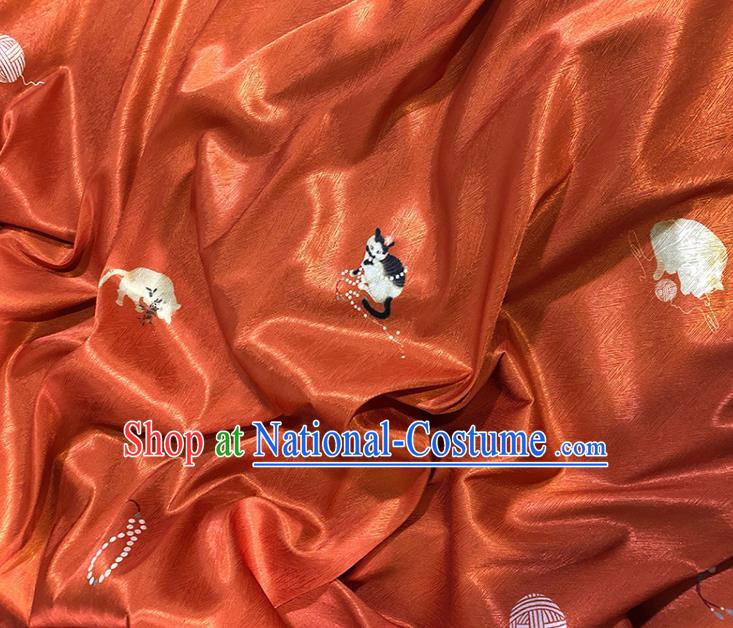 Asian Chinese Classical Cat Pattern Design Garnet Silk Fabric Traditional Hanfu Brocade Material