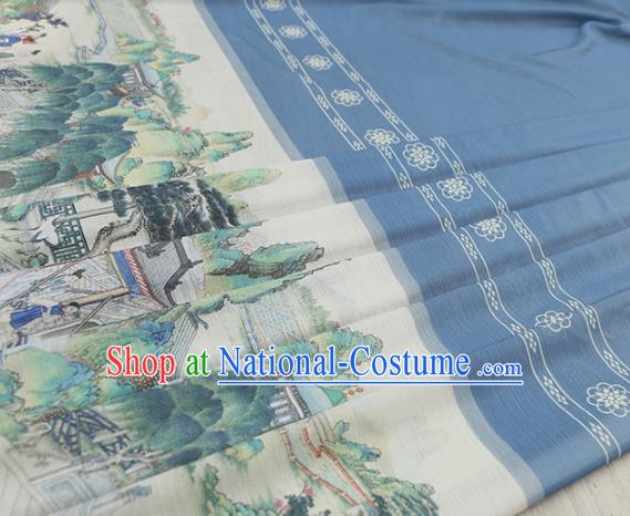 Asian Chinese Classical Printing Dream of the Red Chamber Pattern Design Blue Silk Fabric Traditional Hanfu Brocade Material