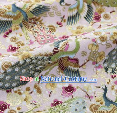 Asian Japanese Classical Peacock Pattern Design Pink Silk Fabric Traditional Kimono Brocade Material