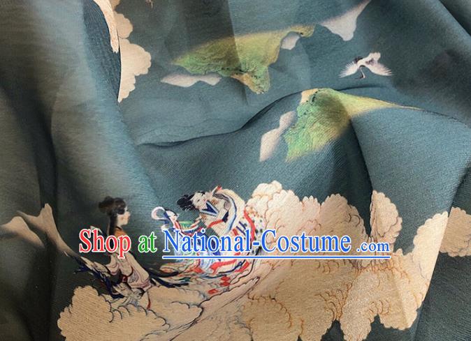 Asian Chinese Classical Printing Pattern Design Green Silk Fabric Traditional Hanfu Brocade Material