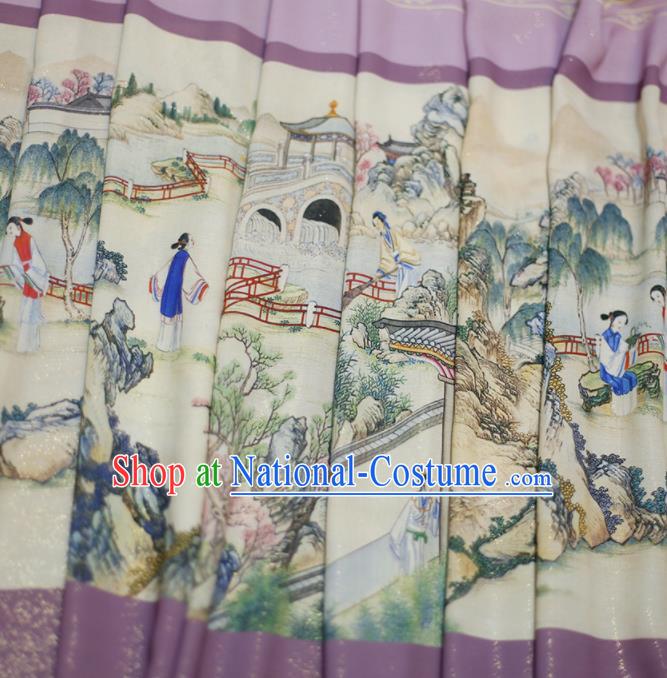 Asian Chinese Classical Printing Dream of the Red Chamber Pattern Design Lilac Silk Fabric Traditional Hanfu Brocade Material