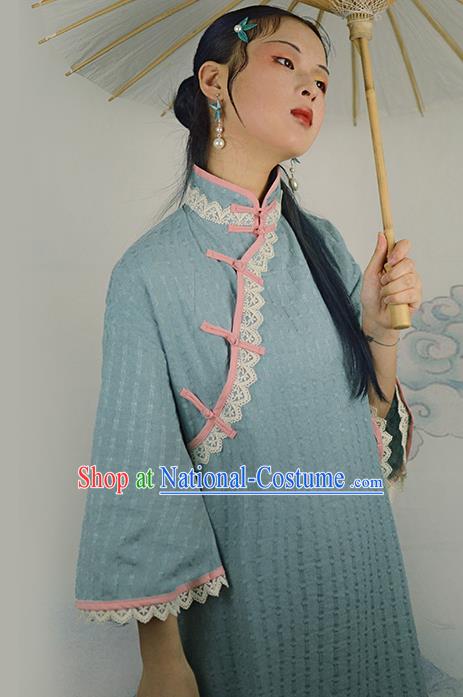 Chinese Traditional Blue Linen Qipao Dress National Costume Cheongsam for Women